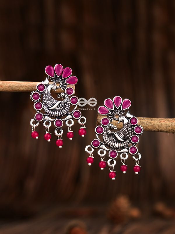 The Dangling Peacock Studs (Ruby Red) - Embellished Oxidised Collection