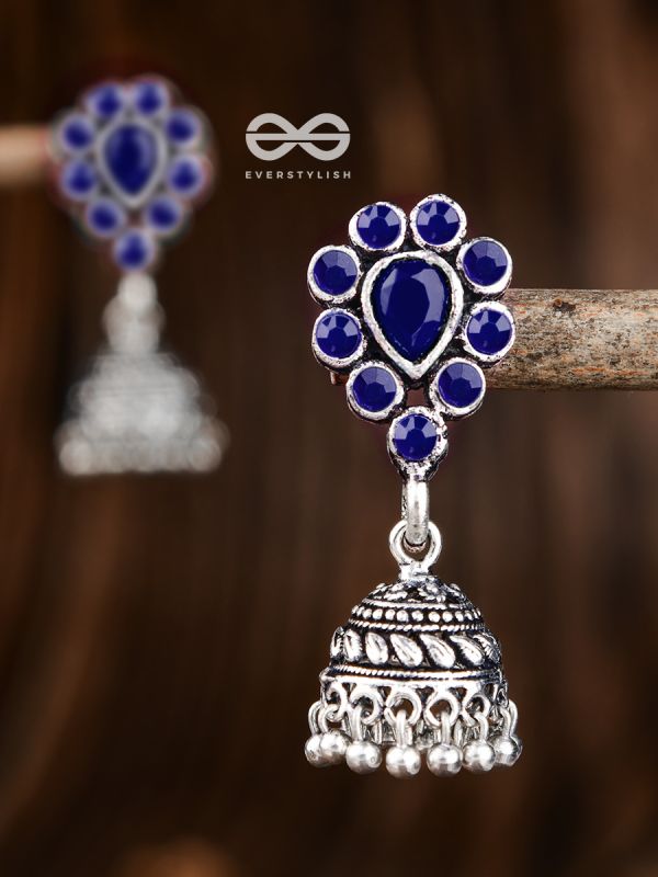 The Shimmery Droplet Jhumkis (Sapphire Blue) - The Embellished Oxidised Collection