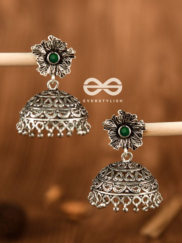 The Large Floral Intricate Jhumkas (Emerald Green) - Embellished Oxidised Collection