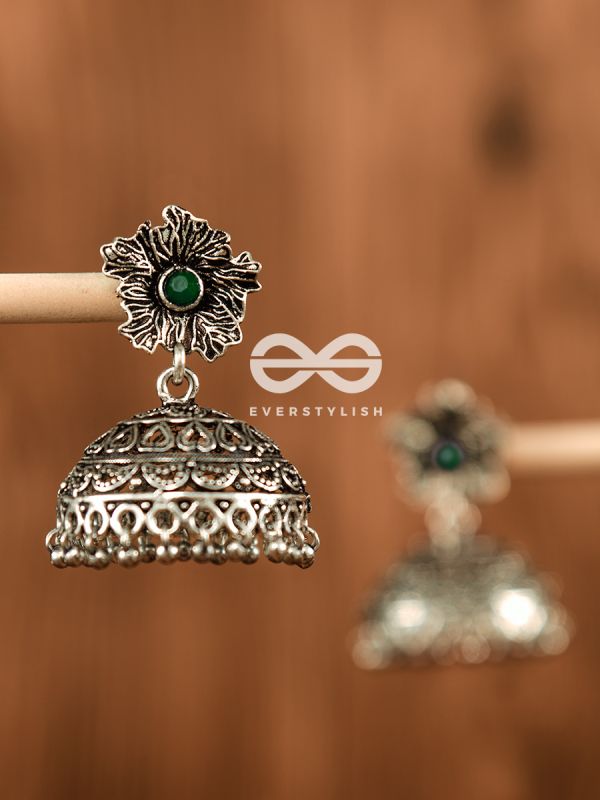 The Large Floral Intricate Jhumkas (Emerald Green) - Embellished Oxidised Collection