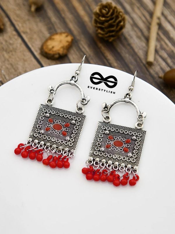 The Embellished Trunk - Oxidised Boho Earrings - Red