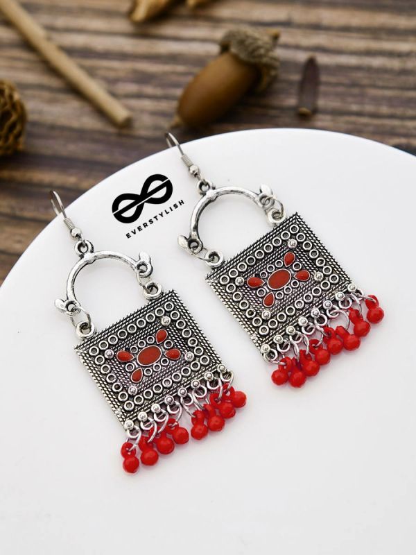 The Embellished Trunk - Oxidised Boho Earrings - Red