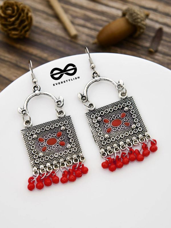 The Embellished Trunk - Oxidised Boho Earrings - Red