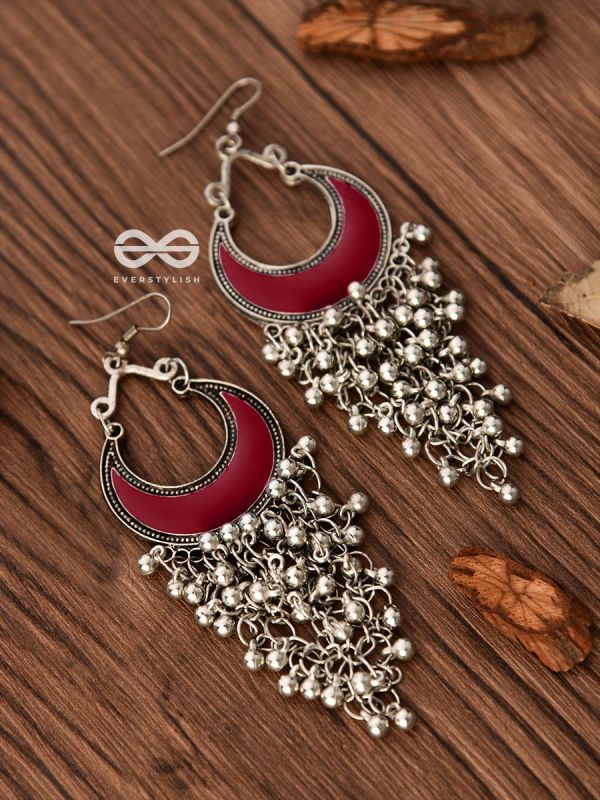 The Enamelled Moon Jhaalar (Red) - Oxidised Boho Earrings