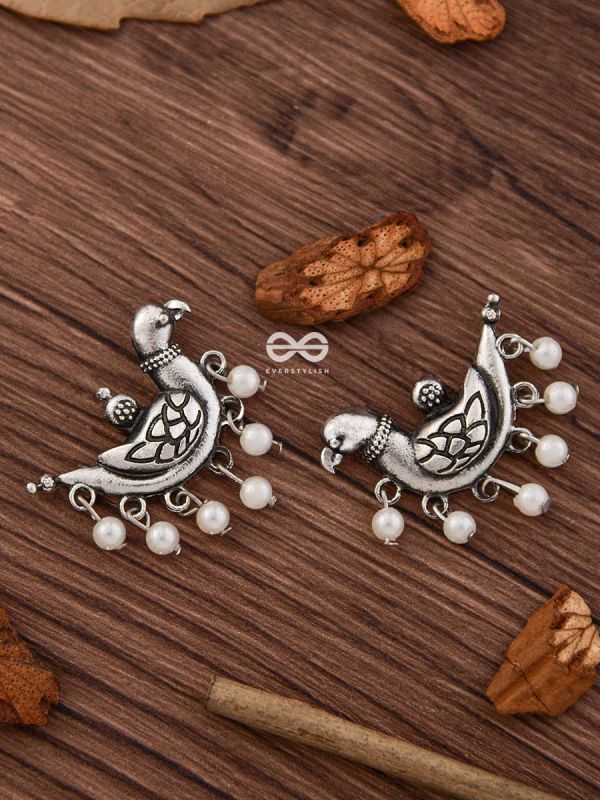 The Dangling Pearl Parrots - Oxidised Boho Earrings