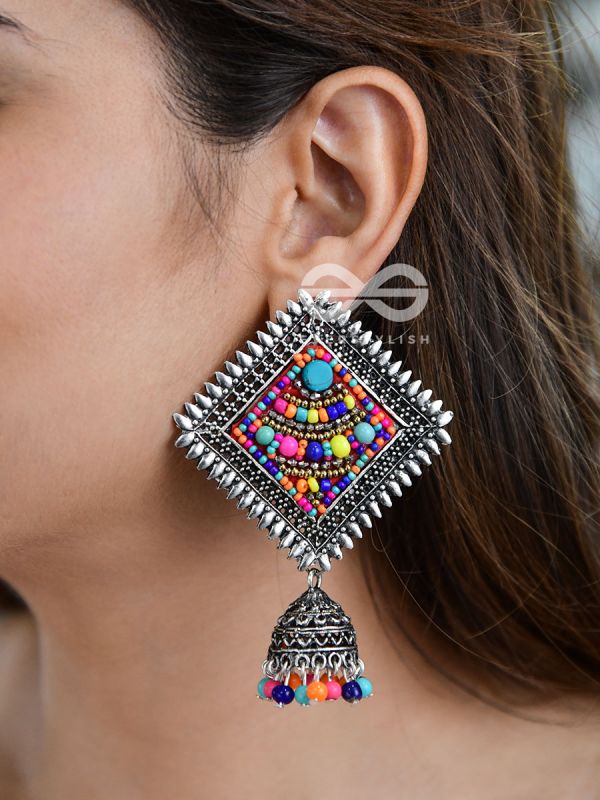 The Beaded Bohemian Square Jhumkas(Multicoloured) - Embroidered Oxidised Collection