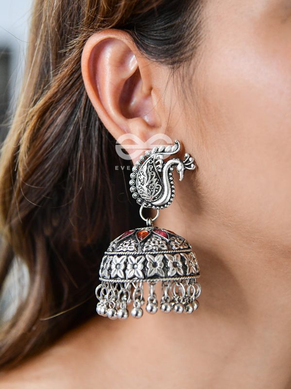 The Large Statement Peacock Jhumkas - Embellished Oxidised Collection
