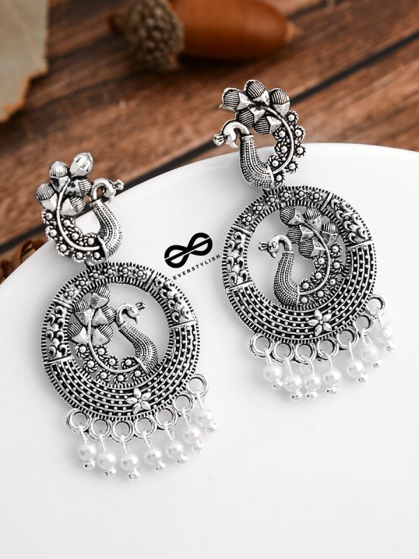 An Intricate Peacock Artwork - Oxidised Boho Earrings