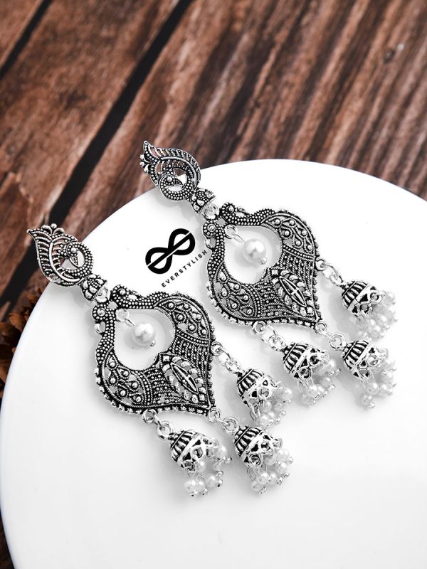 The Intricate Peacock Triple Jhumkis - Oxidised Boho Earrings