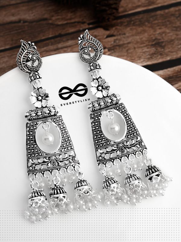 An Intricate Peacock Artwork Triple Jhumkis - Oxidised Boho Earrings
