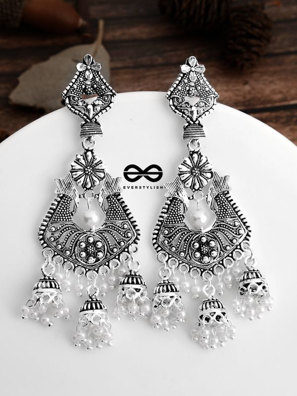 The Shimmery Antique Triple Jhumki Artwork - Oxidised Boho Earrings