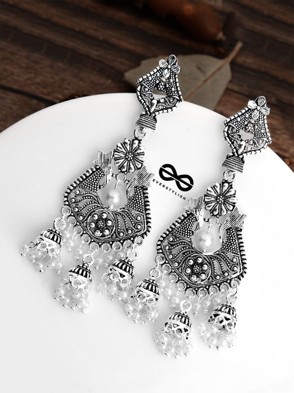 The Shimmery Antique Triple Jhumki Artwork - Oxidised Boho Earrings