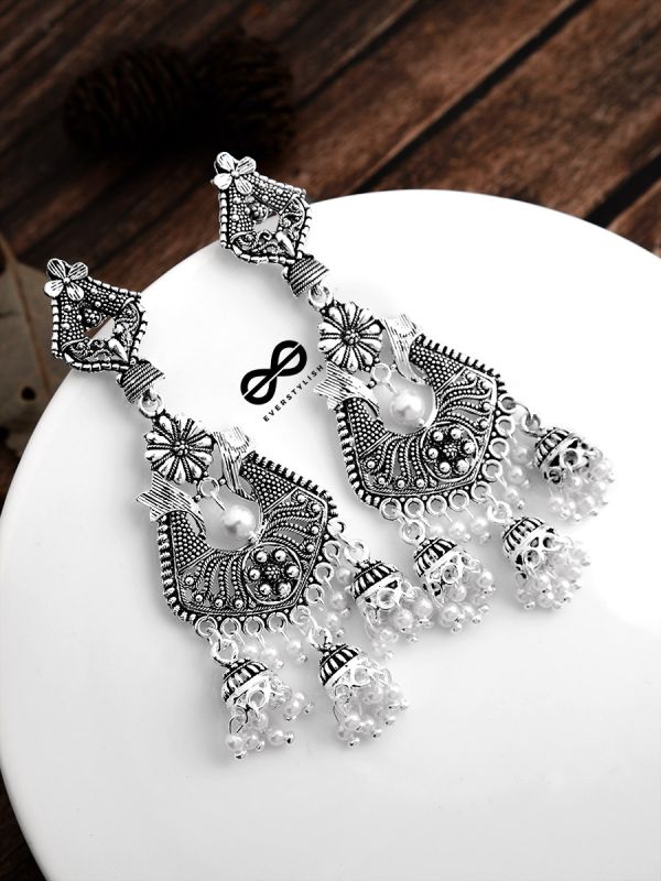 The Shimmery Antique Triple Jhumki Artwork - Oxidised Boho Earrings