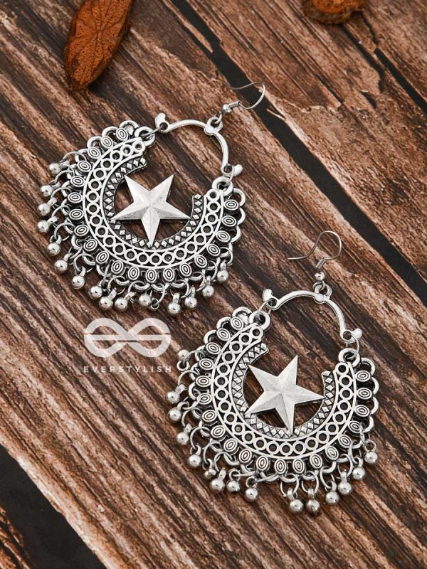 The Moon and Star Danglers - Oxidised Boho Earrings