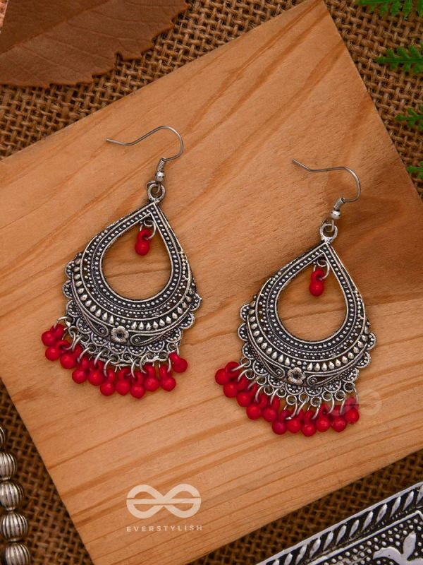 The Intricate Motif Drops - Oxidised Boho Earrings - Red