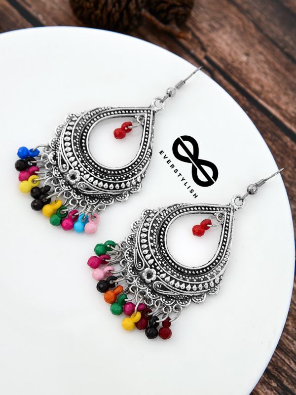 The Intricate Motif Drops - Oxidised Boho Earrings - Multicolour