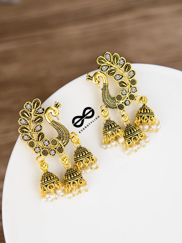 The Golden Peacock Triple Jhumkis - Oxidised Boho Earrings