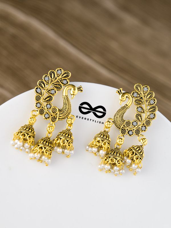 The Golden Peacock Triple Jhumkis - Oxidised Boho Earrings