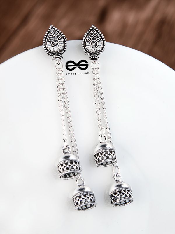 The Double Jhumki Droplet Danglers - Oxidised Boho Earrings