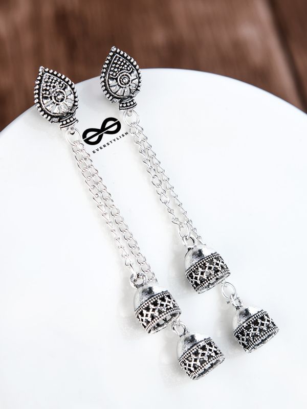 The Double Jhumki Droplet Danglers - Oxidised Boho Earrings