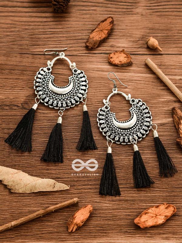 The Motif Moon Tassels (Black) - Oxidised Boho Earrings