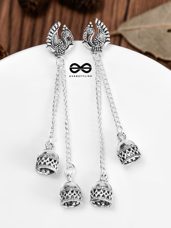 The Double Jhumki Vintage Peacock Danglers - Oxidised Boho Earrings