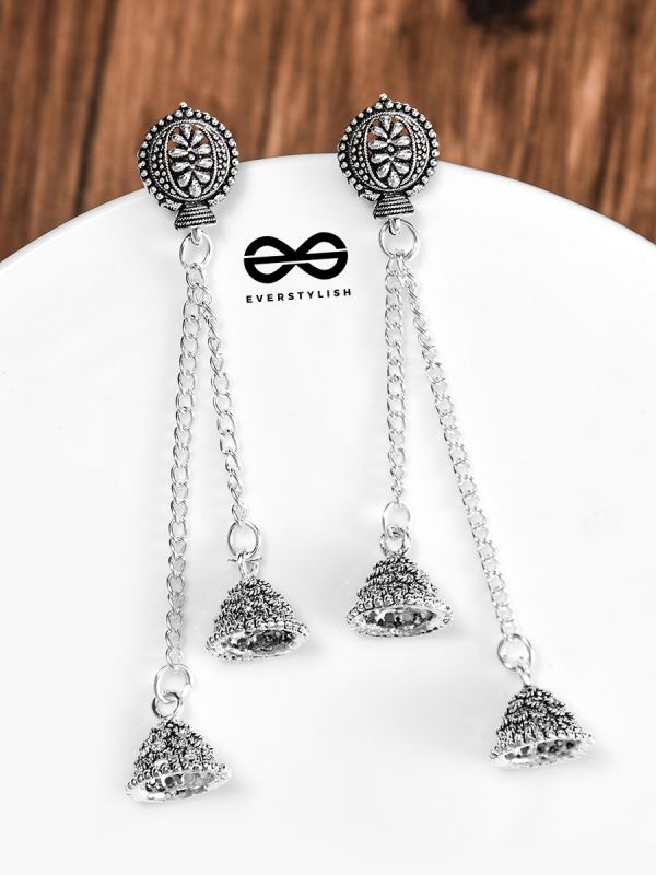 The Double Jhumki Motif Danglers - Oxidised Boho Earrings