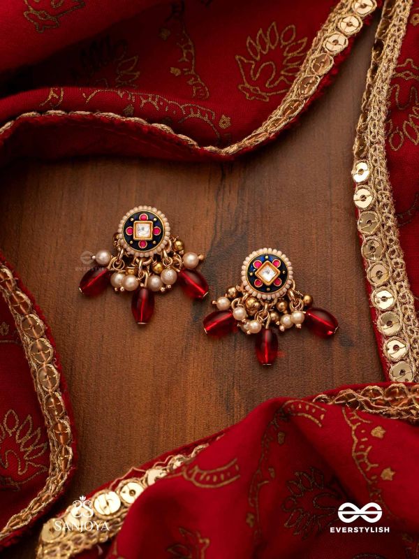 RUDRARAGA - MELODY OF RED - INTRICATE KUNDAN EARRINGS  WITH RUBY BEADS AND GOLDEN DETAILS
