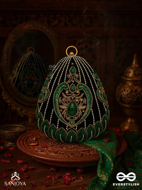 MEHREENA – OVAL DARK GREEN VELVET CLUTCH WITH INTRICATE HANDWORK AND GOLDEN METAL FRAME