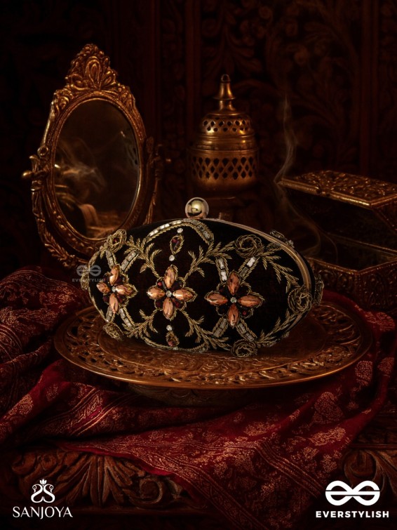 ROHINI – POLISHED BRONZE BROWN TEXTILE CLUTCH WITH FACETED JEWEL ACCENTS AND GOLDEN METAL FRAME