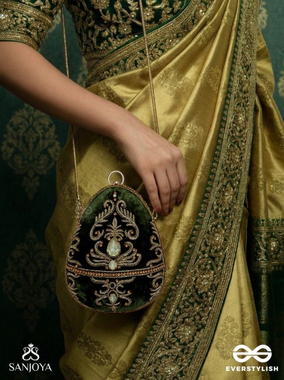 SABREEN - OVAL DEEP OLIVE GREEN VELVET HANDLE CLUTCH WITH RICH HAND DETAILING AND GOLDEN METAL FRAME