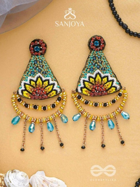 AAKARA - THE GEOMETRIC BLOSSOM- RESHAM, BEADS AND GLASS DROP EMBROIDERED EARRINGS