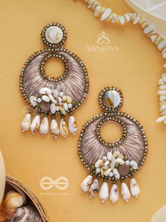 DHARANIKA - THE EARTHY HUES - RESHAM, BEADS &amp; SHELL DROP EMBROIDERED EARRINGS