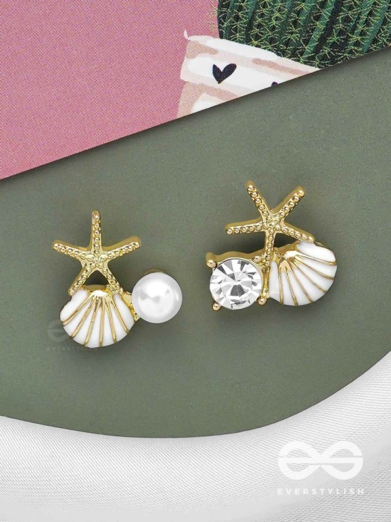 STARFISH &amp; SEASHELL WISHES - GOLDEN AND WHITE EMBELLISHED STUD EARRINGS