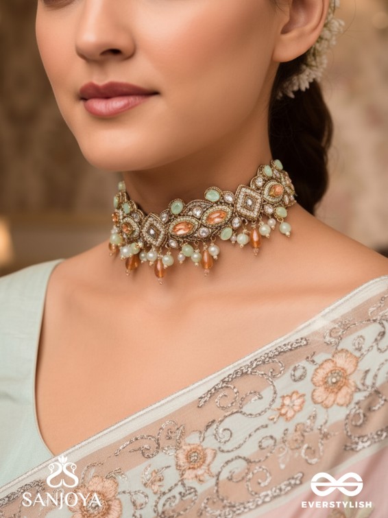 Maṇimalika- String of Jewels- Pastel-coloured choker with Beads &amp; Gemstones set in a delicate pattern.