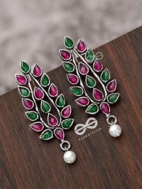 The Shimmering Leaves (Ruby Emerald)- Embellished Oxidised Earrings