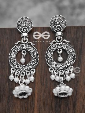 The Layered Pearl Motif Jhumkis - Oxidised Boho Earrings