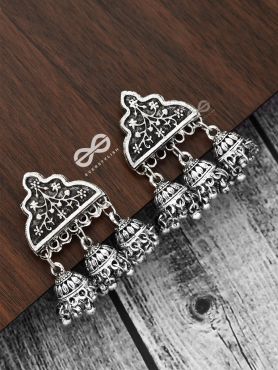 The Boho Delight - Triple Jhumki Studs - Oxidised Boho Earrings