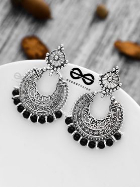 The Motif Moon Pearls (Silver-Black) - Oxidised Boho Earrings