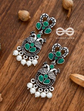 The Enigmatic Peacock Artwork Earrings (Emerald Green) - Embellished Oxidised Collection