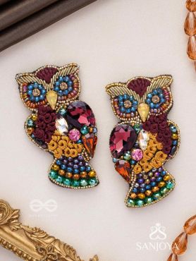 Krushika - The Majestic Owl - Stones, Resham And Beads Hand Embroidered Earrings