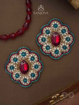 Stibhi - Treasures Of Ruby - Dabka, Stone And Beads Hand Embroidered Earrings