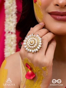 MOTISHOBHINI - THE PEARL RADIANCE - PEARLS AND BEADS EMBROIDERED RING (WHITE & GOLDEN)