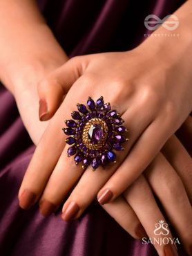 UDYOTINI - TWINKLING RADIANCE - STONE, BEADS AND GLASS DROPS EMBROIDERED RING (PURPLE)