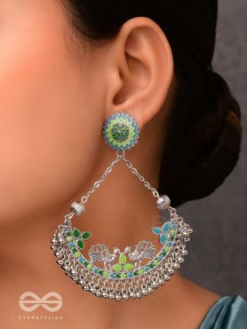 Mystical Peacocks In Sea Green - Enamelled Oxidised Earrings