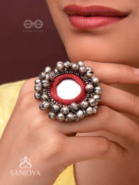 Ankara - The Tinkling Melodies - Beads And Mirror Hand Embroidered Oxidised Ring