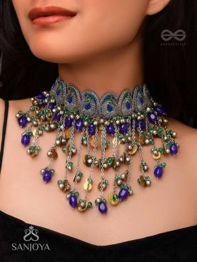 Saikhina - The Drizzling Dance - Glass Beads And Coins Hand Embroidered Oxidised Neckpiece