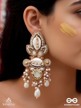 Savitra - Frosty Lily - Beads, Shells And Pearl Drops Hand Embroidered Earrings