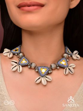 Shanakhya - The Prismy Shells - Mirrors, Shells, Resham And Beads Hand Embroidered Oxidised Choker Neckpiece