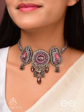 Jagatparayan - The Fuchsia Galaxy- Stones, Beads And Glass Drops Hand Embroidered Choker Neckpiece